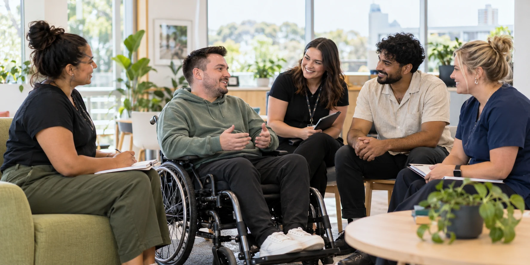 A disability support team collaborating with a wheelchair user